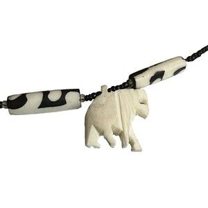 African White Lion Necklace Black Beads‎ Handmade MAASAI Tribal Jewelry New 16in
